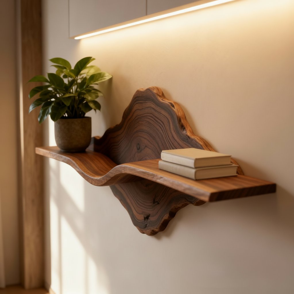 Solid Wood Live-Edge Floating Wall Shelf with Natural Edge for Plant and Books