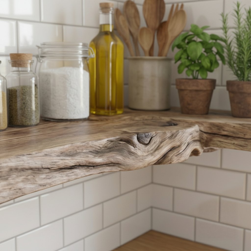Solid Wood Driftwood Live-Edge Wall Shelf for Kitchen Spice and Herb Storage