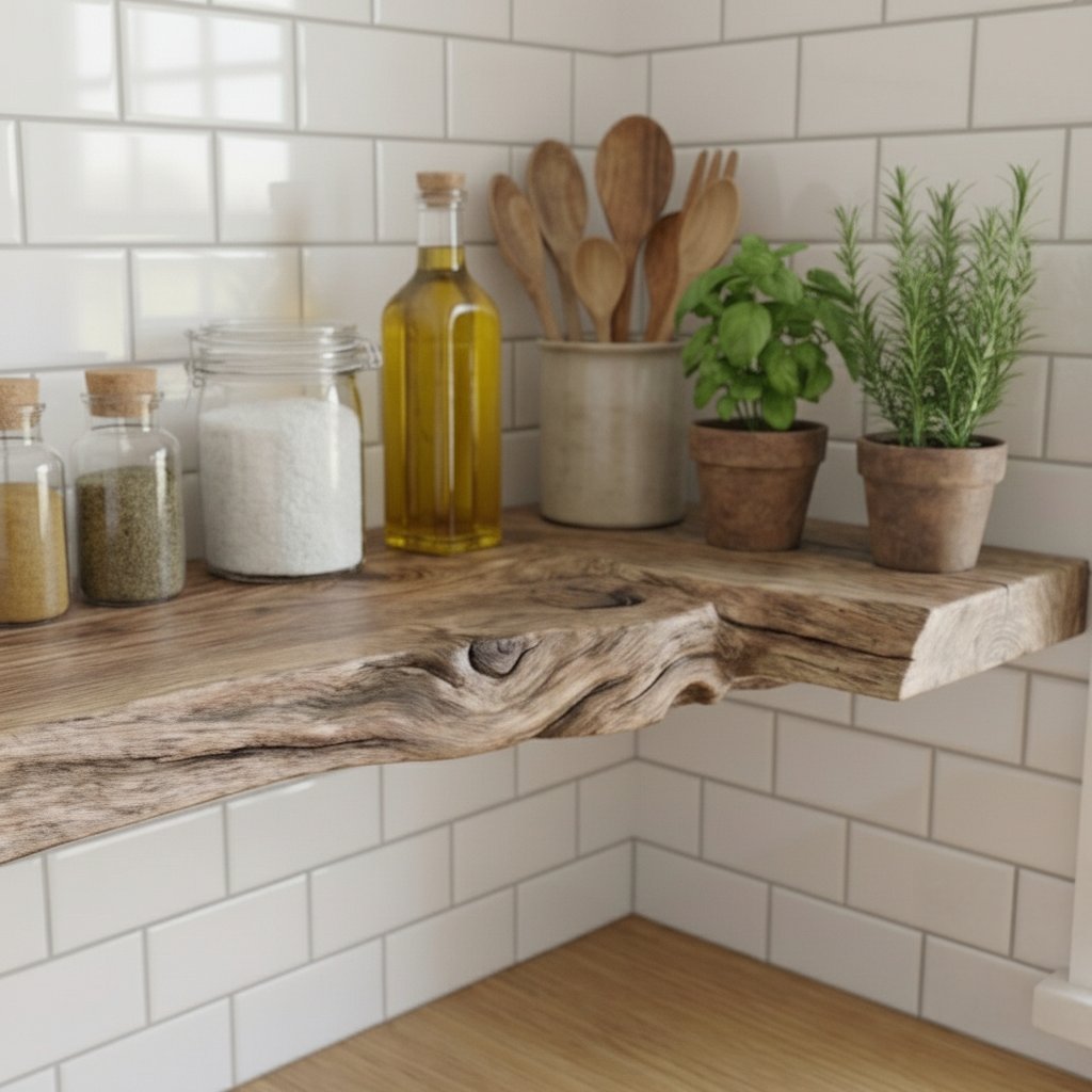 Solid Wood Driftwood Live-Edge Wall Shelf for Kitchen Spice and Herb Storage