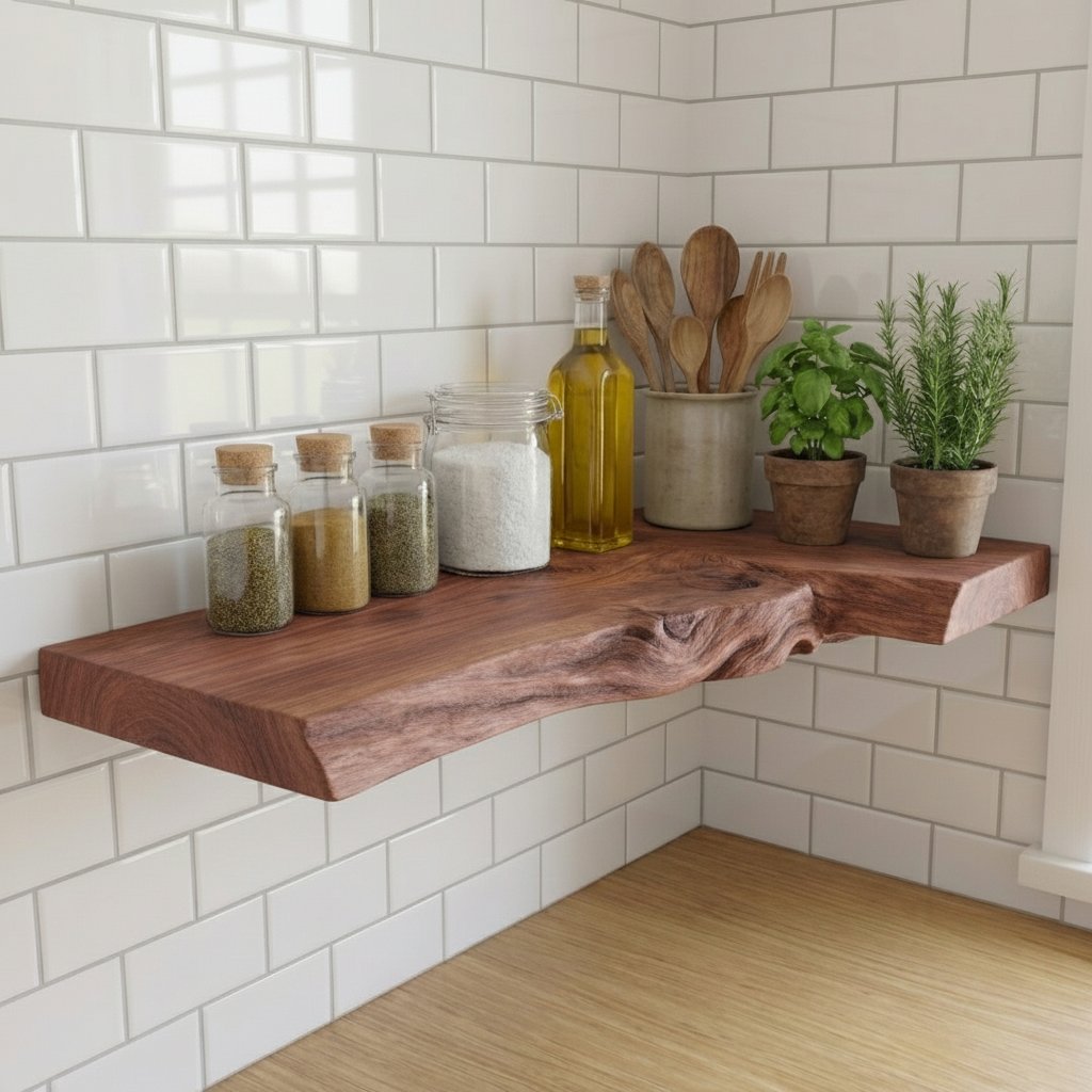 Solid Wood Driftwood Live-Edge Wall Shelf for Kitchen Spice and Herb Storage