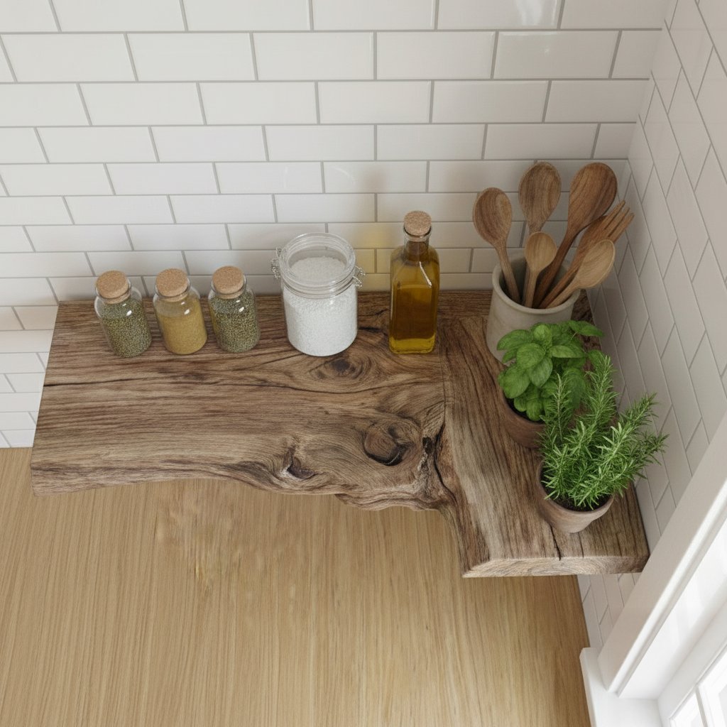 Solid Wood Driftwood Live-Edge Wall Shelf for Kitchen Spice and Herb Storage