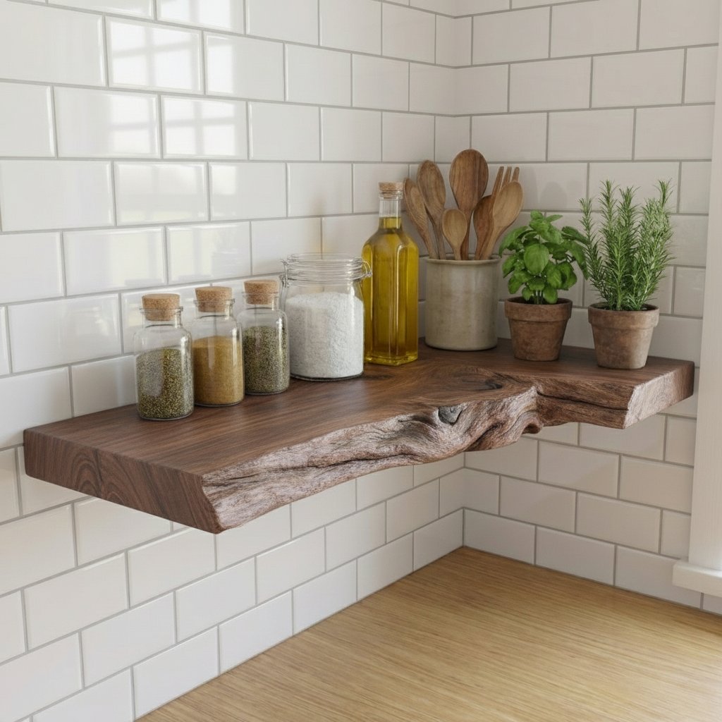 Solid Wood Driftwood Live-Edge Wall Shelf for Kitchen Spice and Herb Storage