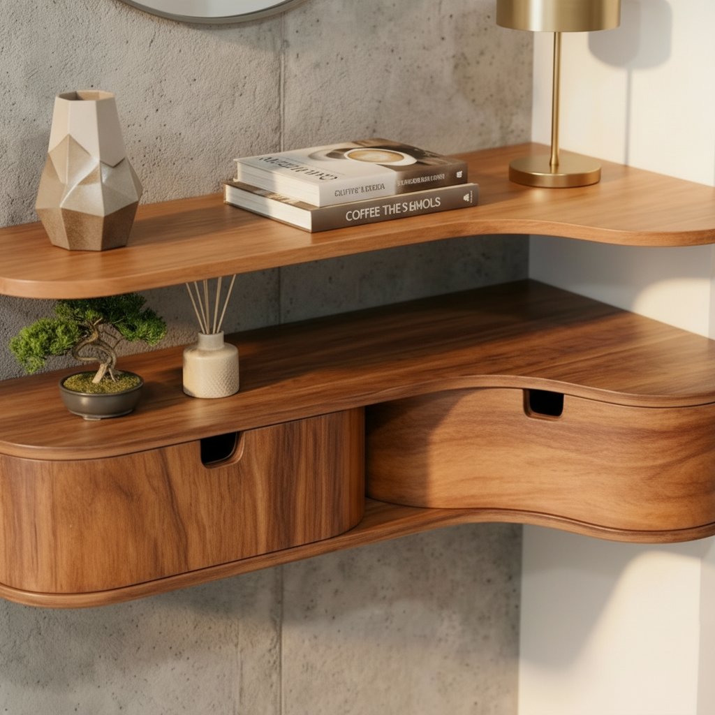 Solid Wood Live-Edge Floating Wall Shelf with Drawer for Entryway Console