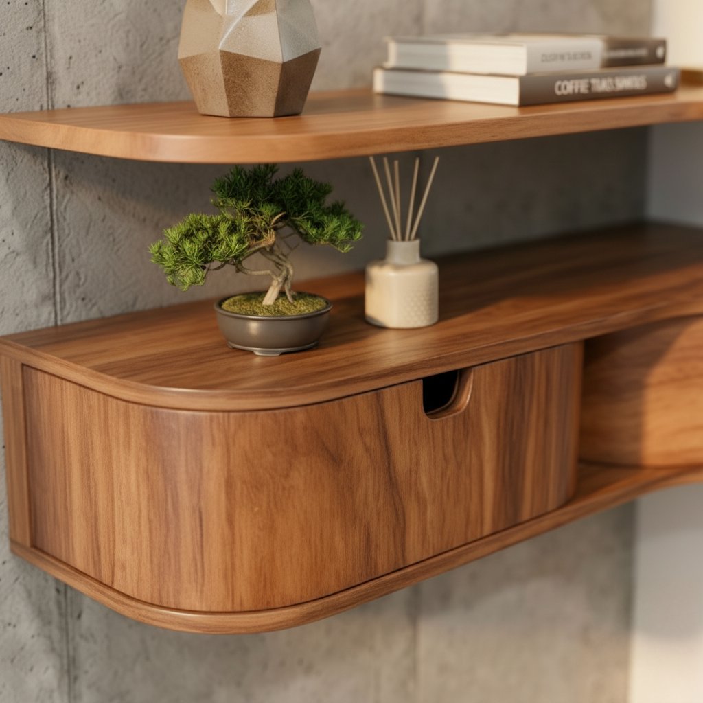 Solid Wood Live-Edge Floating Wall Shelf with Drawer for Entryway Console