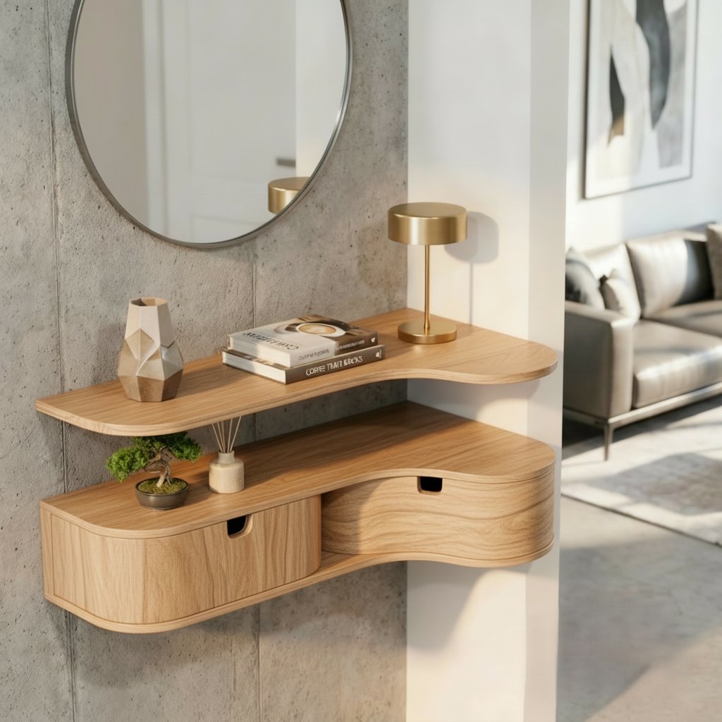 Solid Wood Live-Edge Floating Wall Shelf with Drawer for Entryway Console