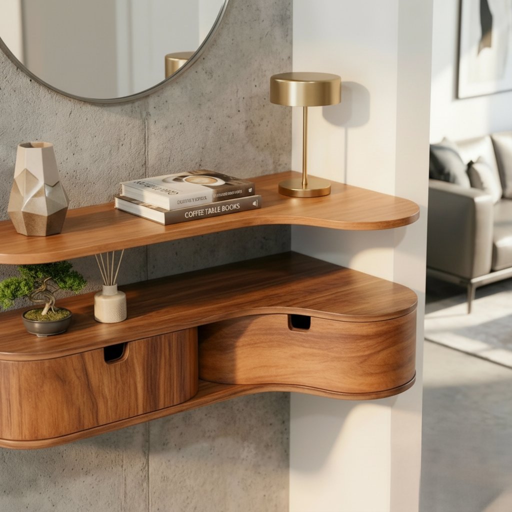 Solid Wood Live-Edge Floating Wall Shelf with Drawer for Entryway Console