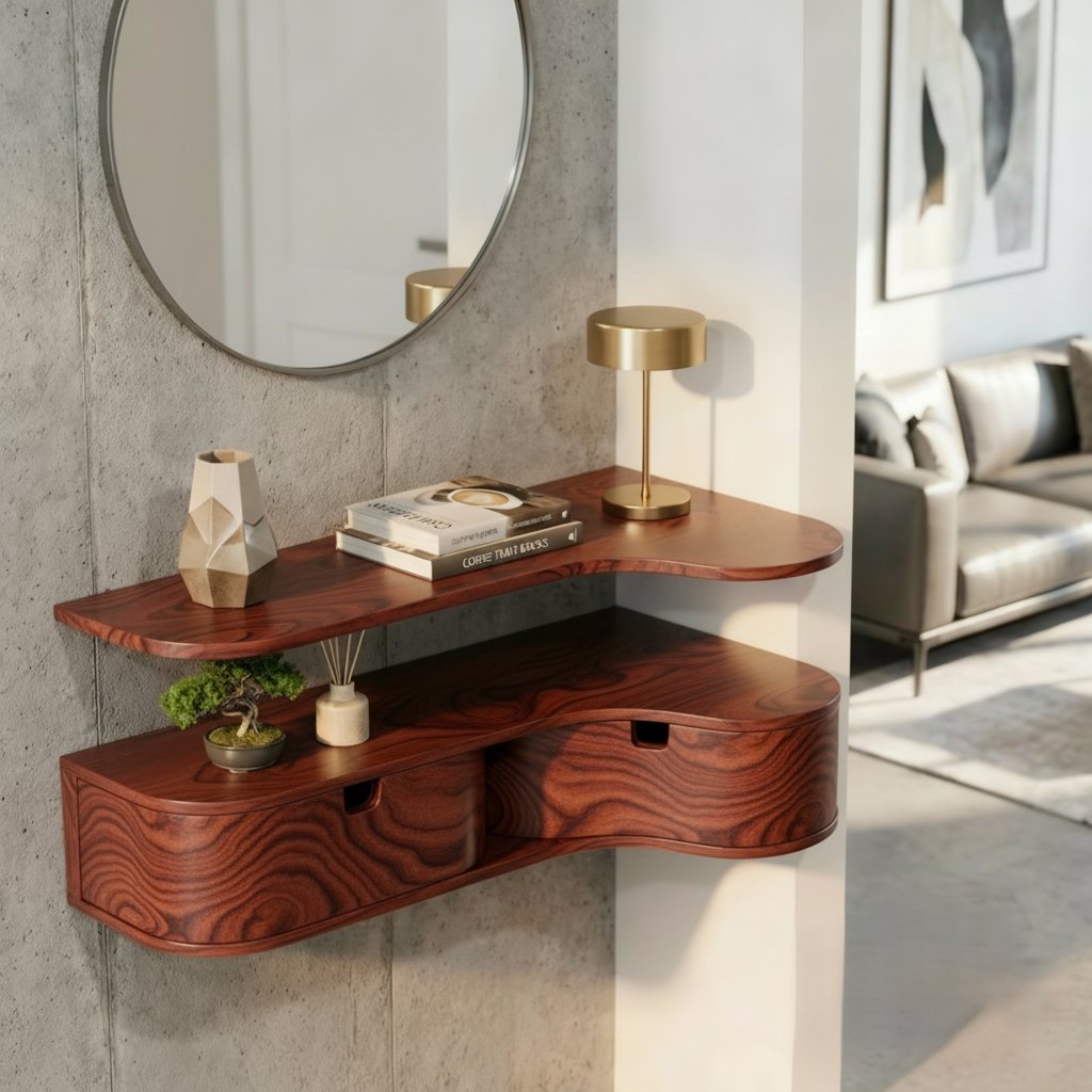 Solid Wood Live-Edge Floating Wall Shelf with Drawer for Entryway Console