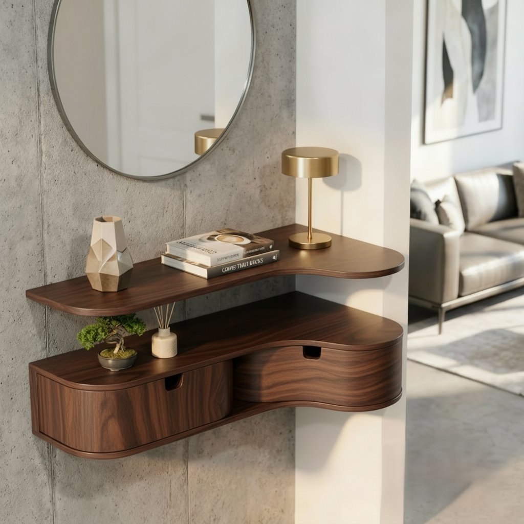 Solid Wood Live-Edge Floating Wall Shelf with Drawer for Entryway Console