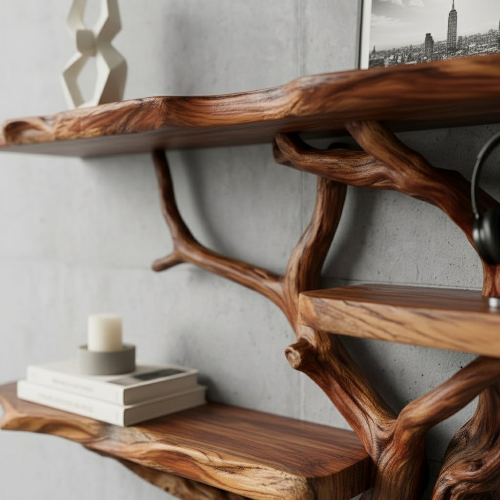 Solid Wood Live-Edge Branch Wall Shelf with Long Natural Slab for Living Room