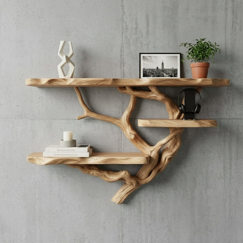 Solid Wood Live-Edge Branch Wall Shelf with Long Natural Slab for Living Room