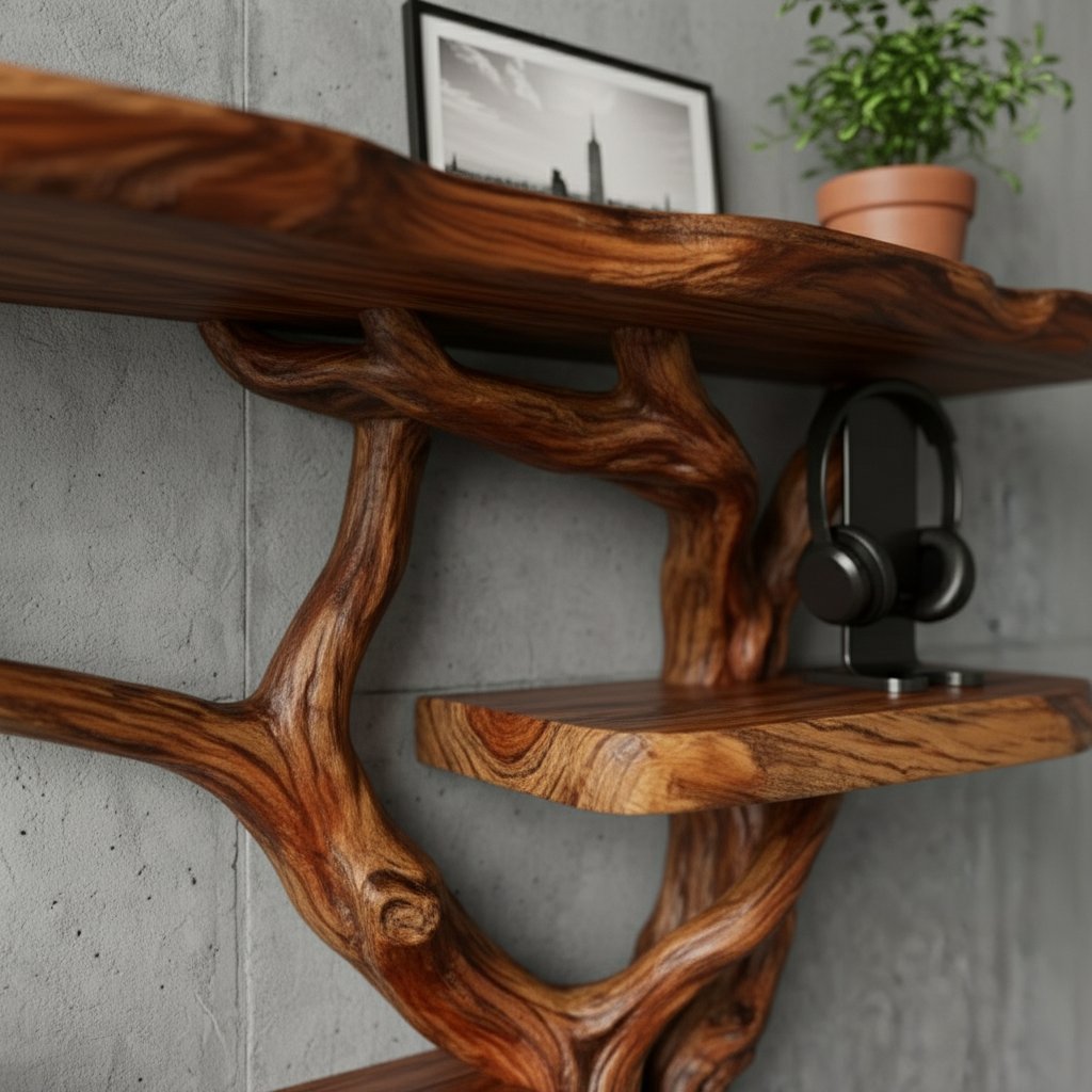 Solid Wood Live-Edge Branch Wall Shelf with Long Natural Slab for Living Room
