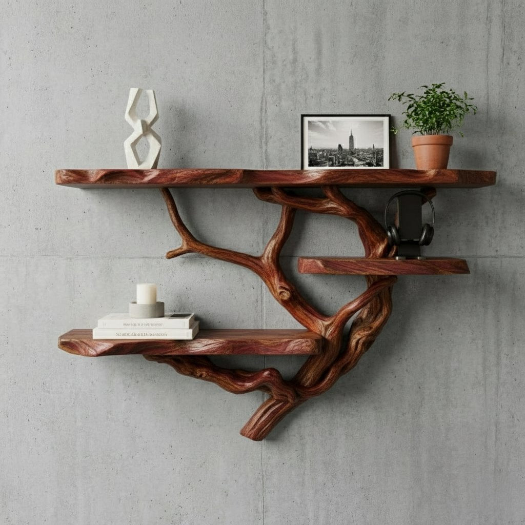 Solid Wood Live-Edge Branch Wall Shelf with Long Natural Slab for Living Room