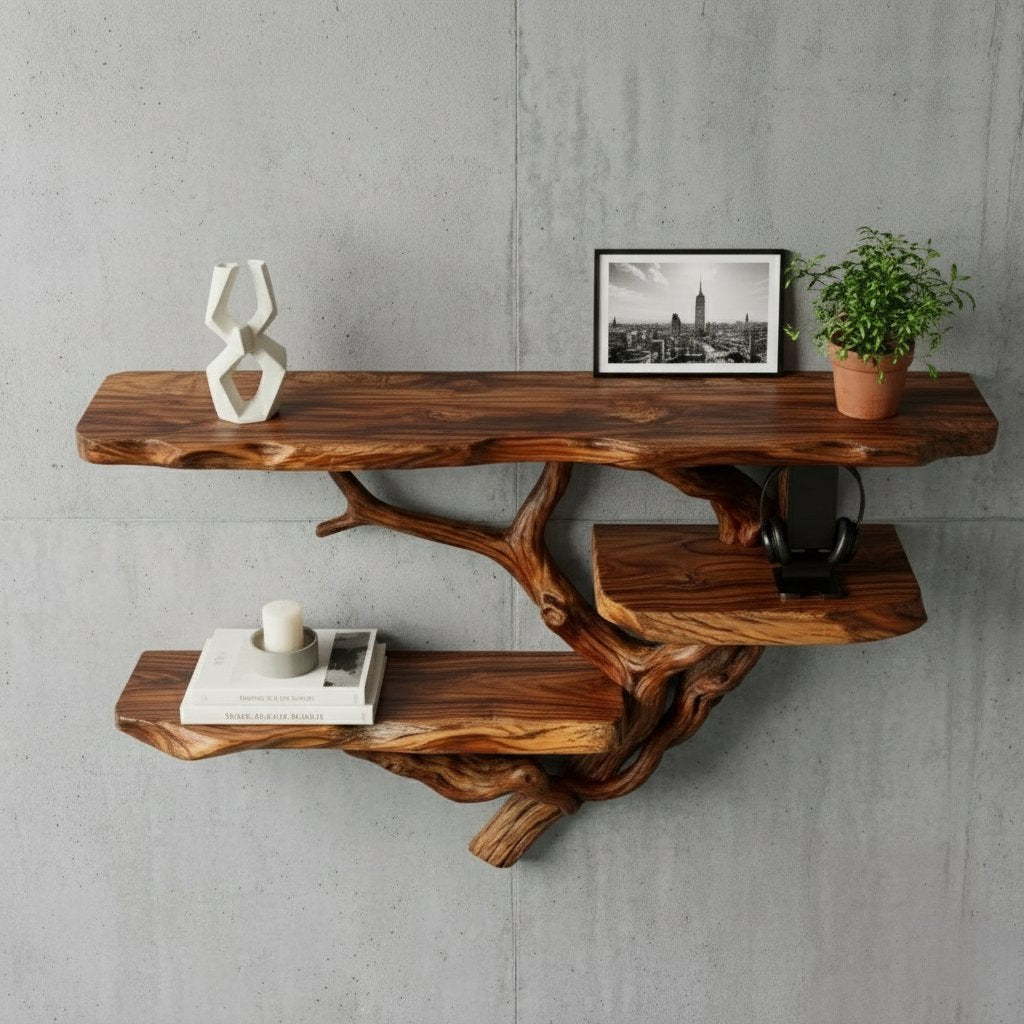 Solid Wood Live-Edge Branch Wall Shelf with Long Natural Slab for Living Room