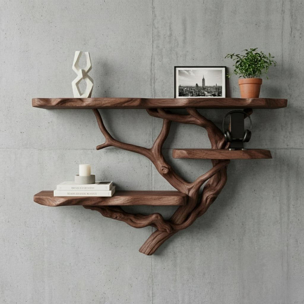 Solid Wood Live-Edge Branch Wall Shelf with Long Natural Slab for Living Room