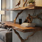 Solid Wood Live-Edge Branch Wall Shelf with Sculptural Base for Living Room Display