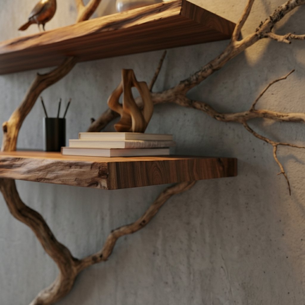 Solid Wood Live-Edge Branch Wall Shelf with Sculptural Base for Living Room Display