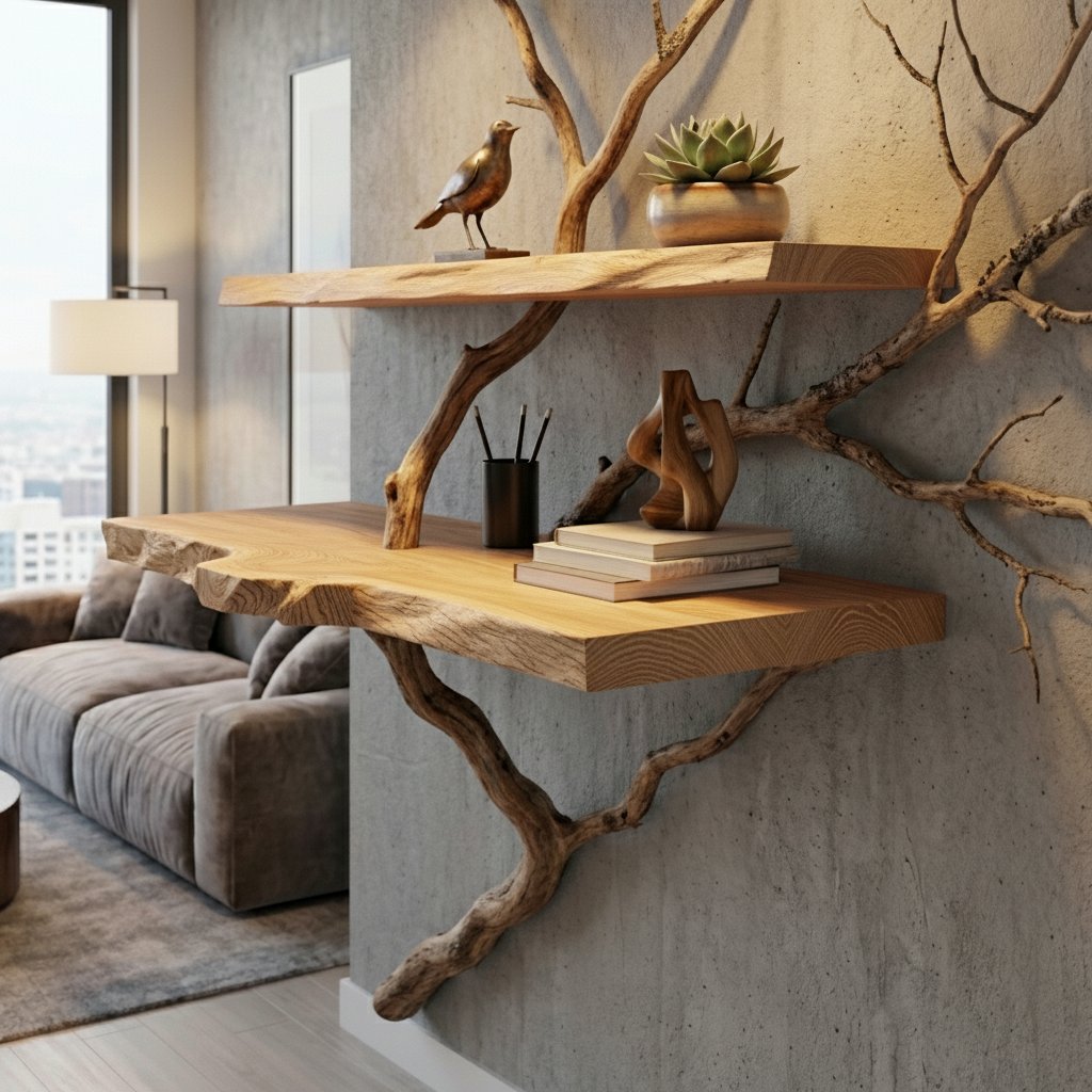 Solid Wood Live-Edge Branch Wall Shelf with Sculptural Base for Living Room Display