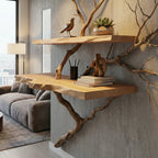 Solid Wood Live-Edge Branch Wall Shelf with Sculptural Base for Living Room Display