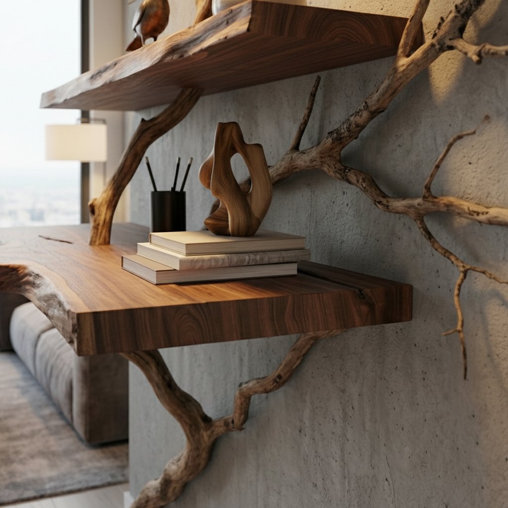 Solid Wood Live-Edge Branch Wall Shelf with Sculptural Base for Living Room Display