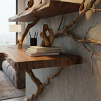 Solid Wood Live-Edge Branch Wall Shelf with Sculptural Base for Living Room Display