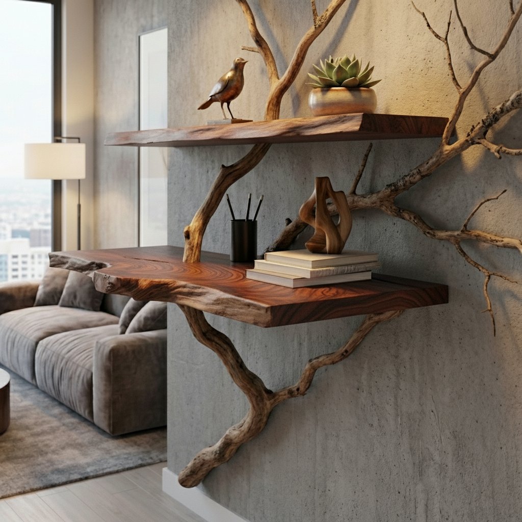 Solid Wood Live-Edge Branch Wall Shelf with Sculptural Base for Living Room Display