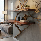Solid Wood Live-Edge Branch Wall Shelf with Sculptural Base for Living Room Display
