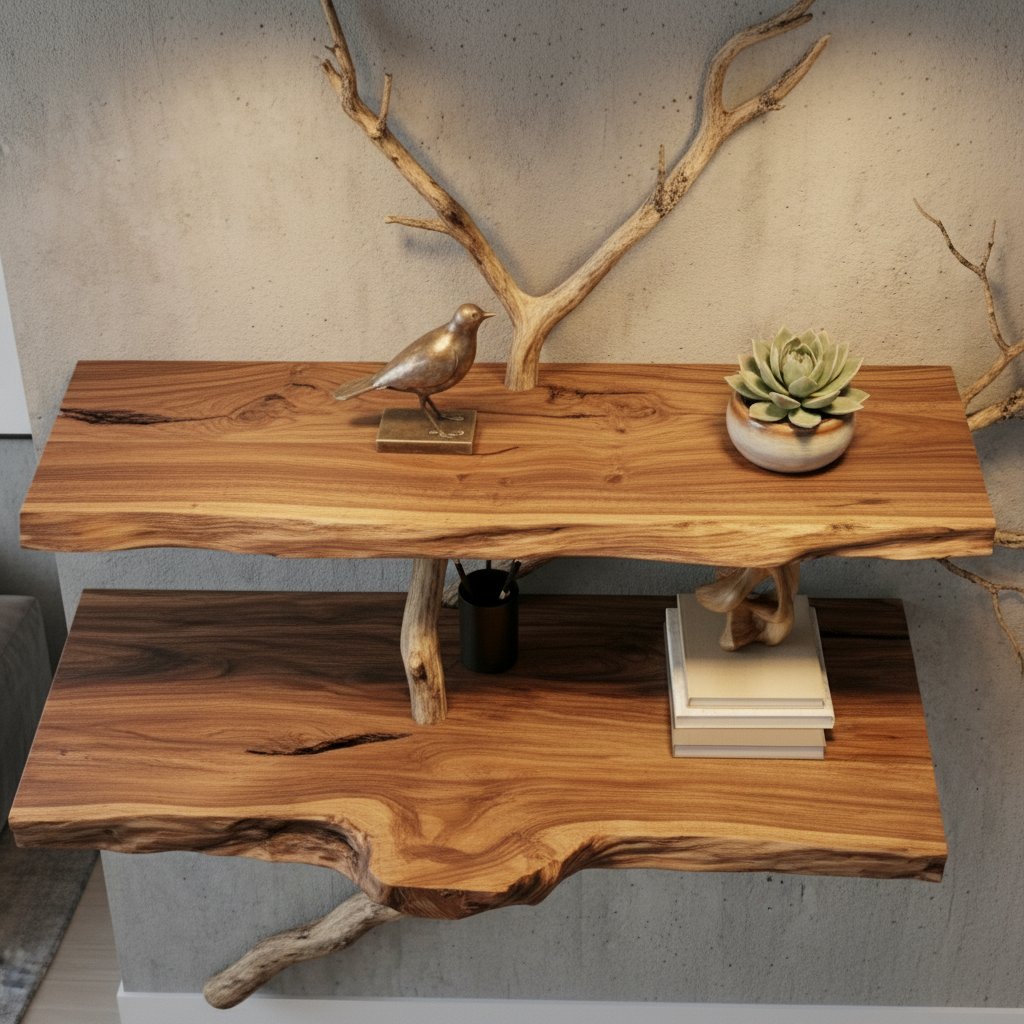 Solid Wood Live-Edge Branch Wall Shelf with Sculptural Base for Living Room Display