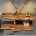 Solid Wood Live-Edge Branch Wall Shelf with Sculptural Base for Living Room Display