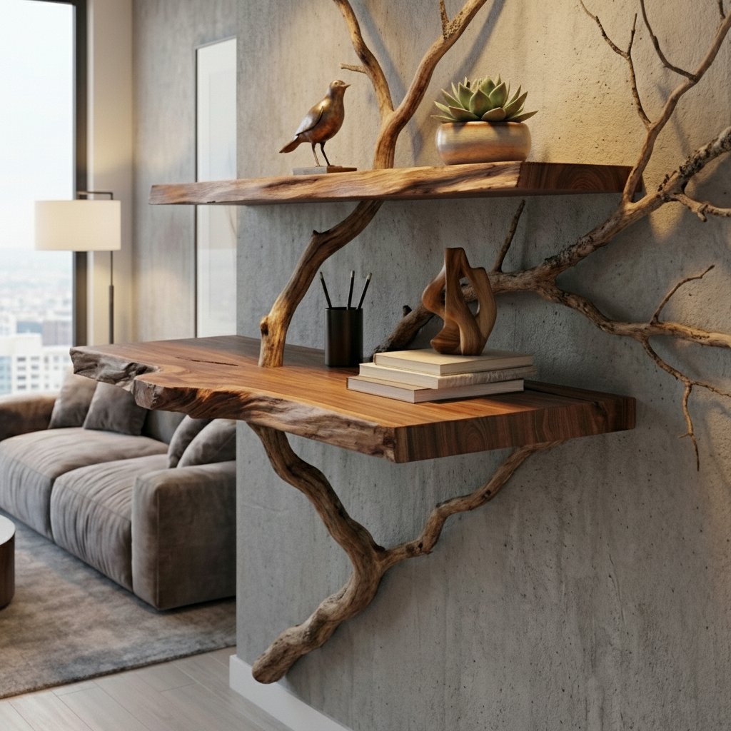 Solid Wood Live-Edge Branch Wall Shelf with Sculptural Base for Living Room Display