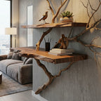 Solid Wood Live-Edge Branch Wall Shelf with Sculptural Base for Living Room Display