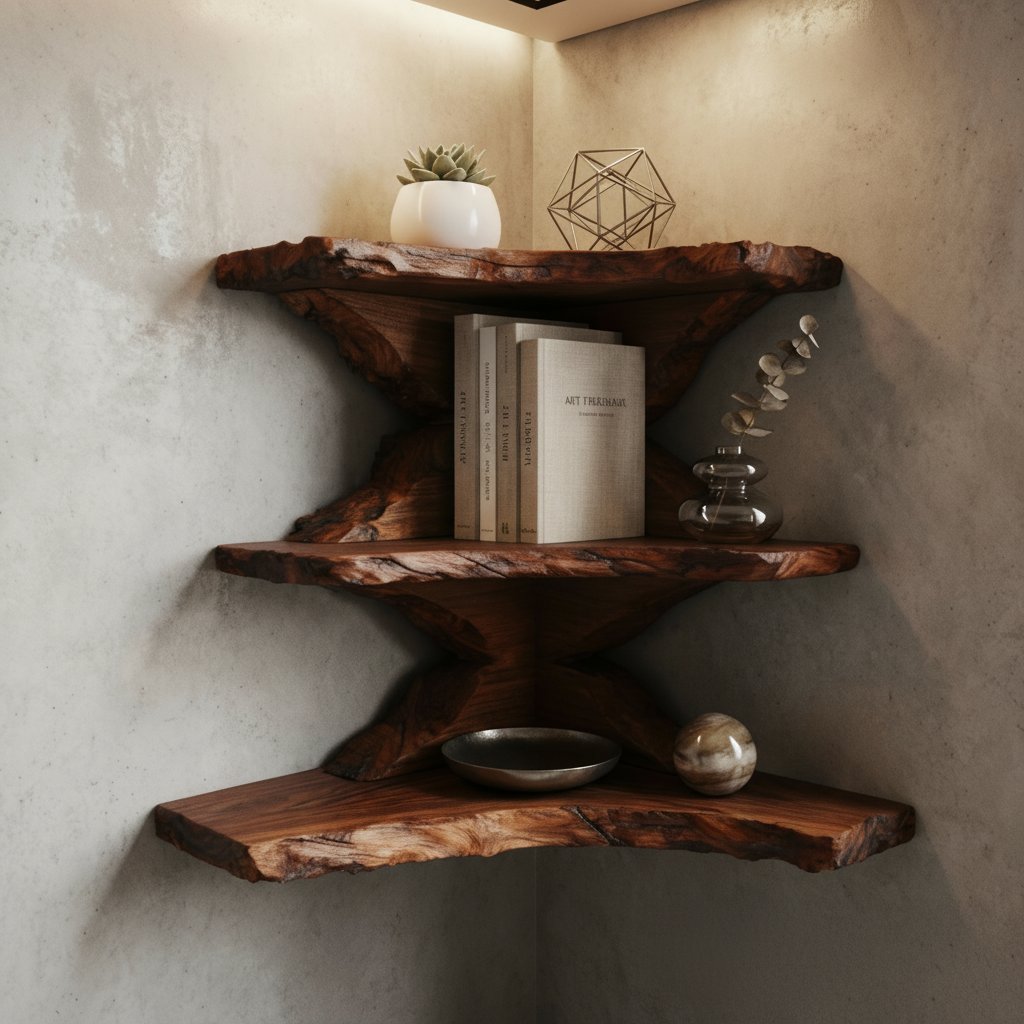 Solid Wood Live-Edge Tiered Corner Shelf with Natural Edge for Bedroom or Study