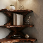 Solid Wood Live-Edge Tiered Corner Shelf with Natural Edge for Bedroom or Study
