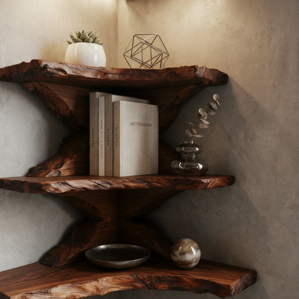 Solid Wood Live-Edge Tiered Corner Shelf with Natural Edge for Bedroom or Study