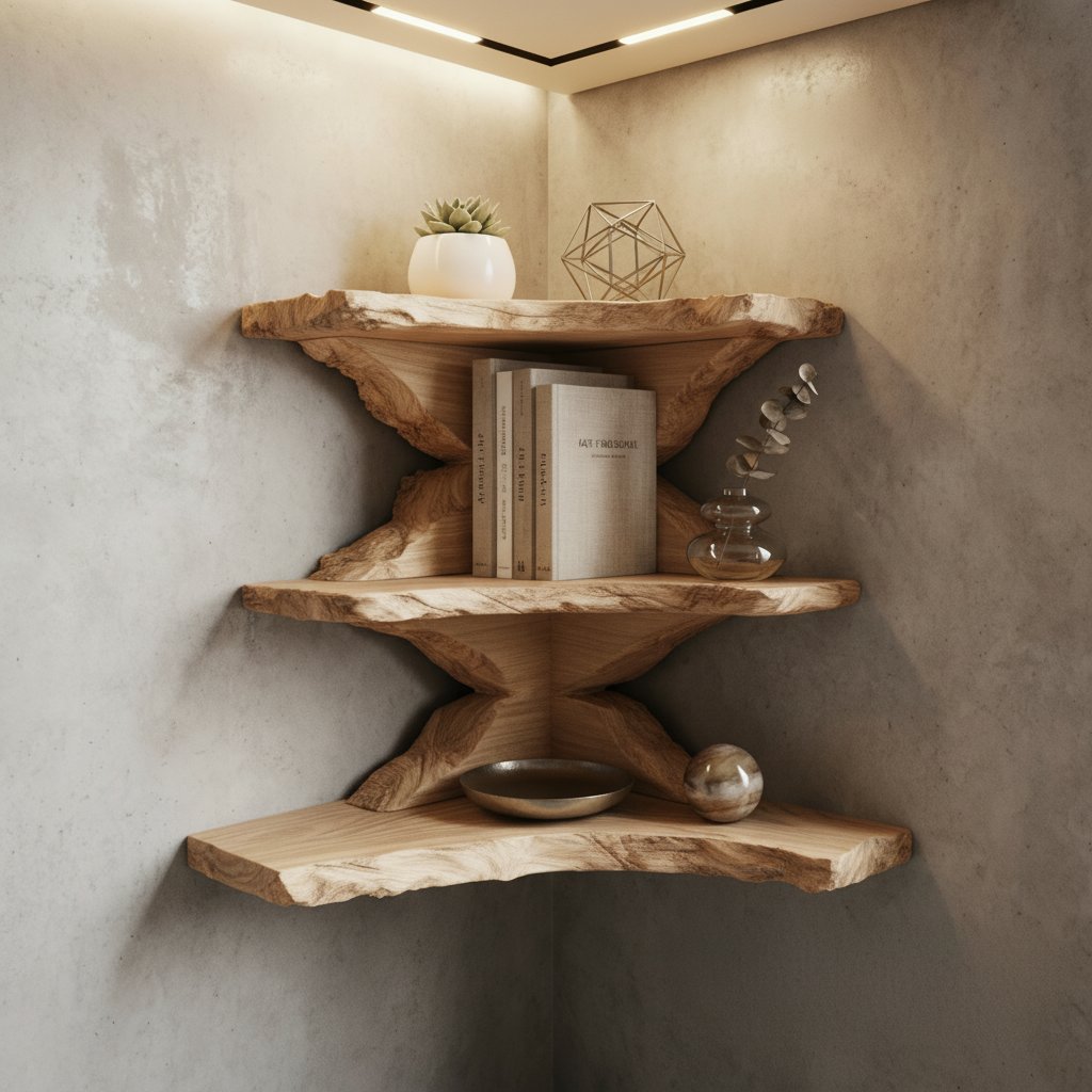 Solid Wood Live-Edge Tiered Corner Shelf with Natural Edge for Bedroom or Study