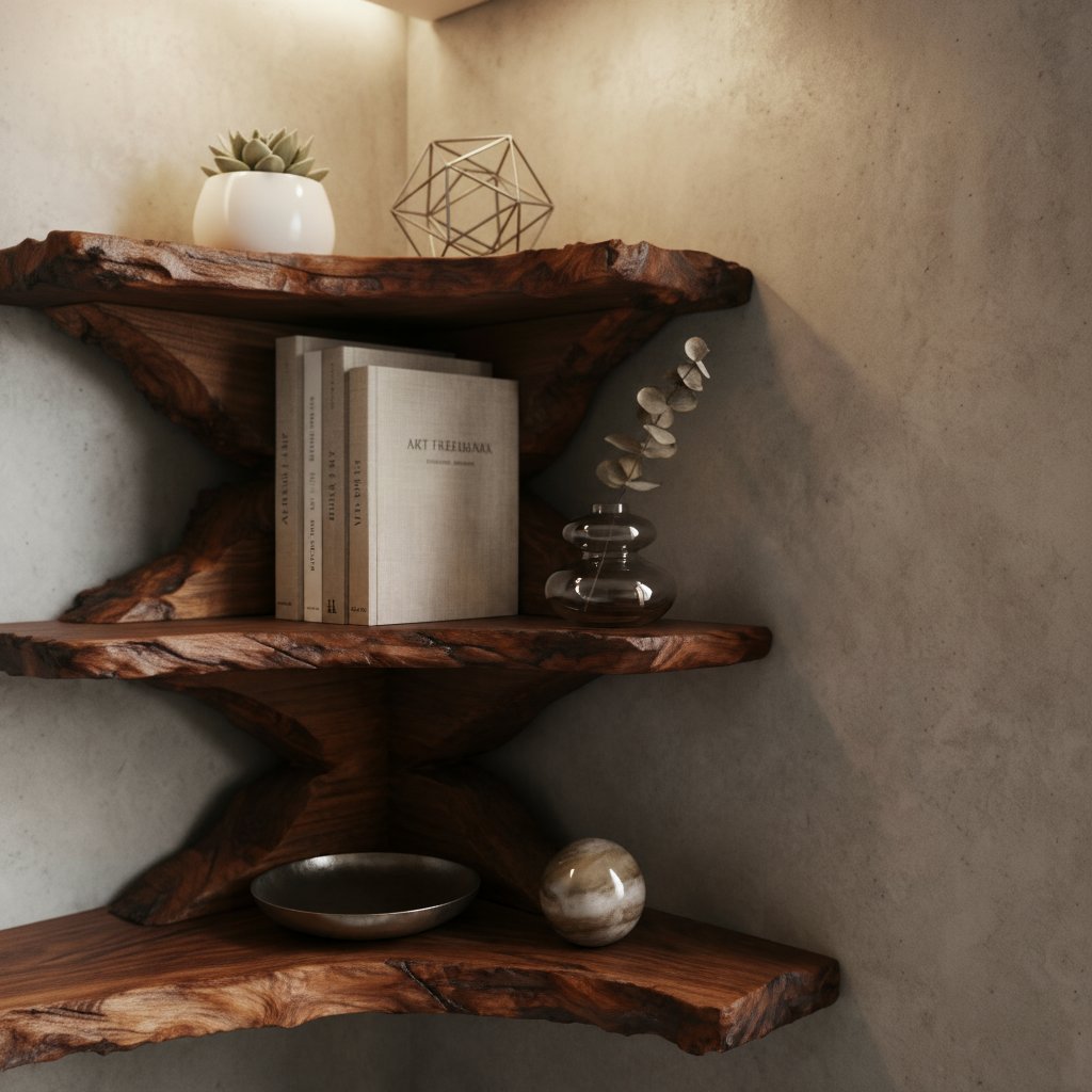 Solid Wood Live-Edge Tiered Corner Shelf with Natural Edge for Bedroom or Study