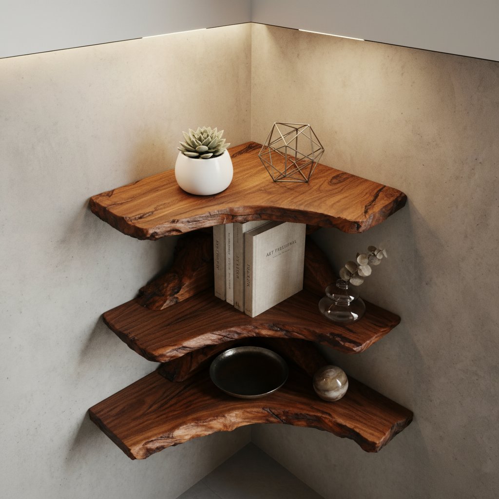 Solid Wood Live-Edge Tiered Corner Shelf with Natural Edge for Bedroom or Study