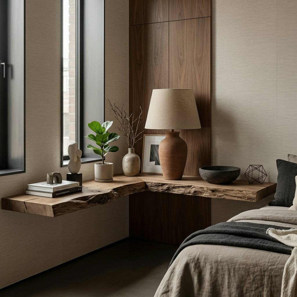 Solid Wood Live-Edge Floating Wall Shelf and Console for Bedroom Window Nook
