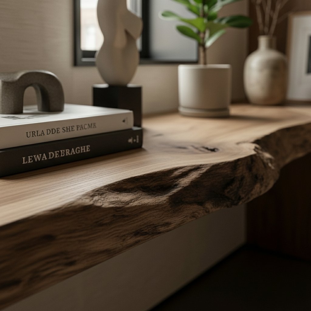 Solid Wood Live-Edge Floating Wall Shelf and Console for Bedroom Window Nook
