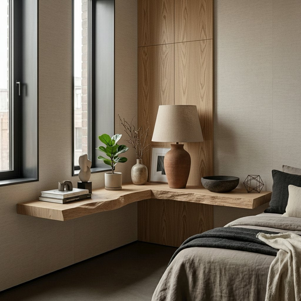 Solid Wood Live-Edge Floating Wall Shelf and Console for Bedroom Window Nook