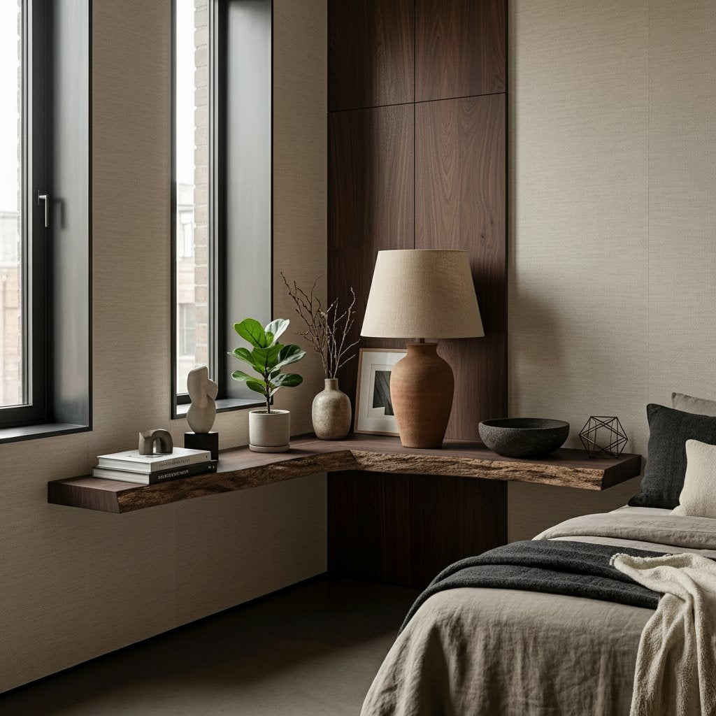 Solid Wood Live-Edge Floating Wall Shelf and Console for Bedroom Window Nook