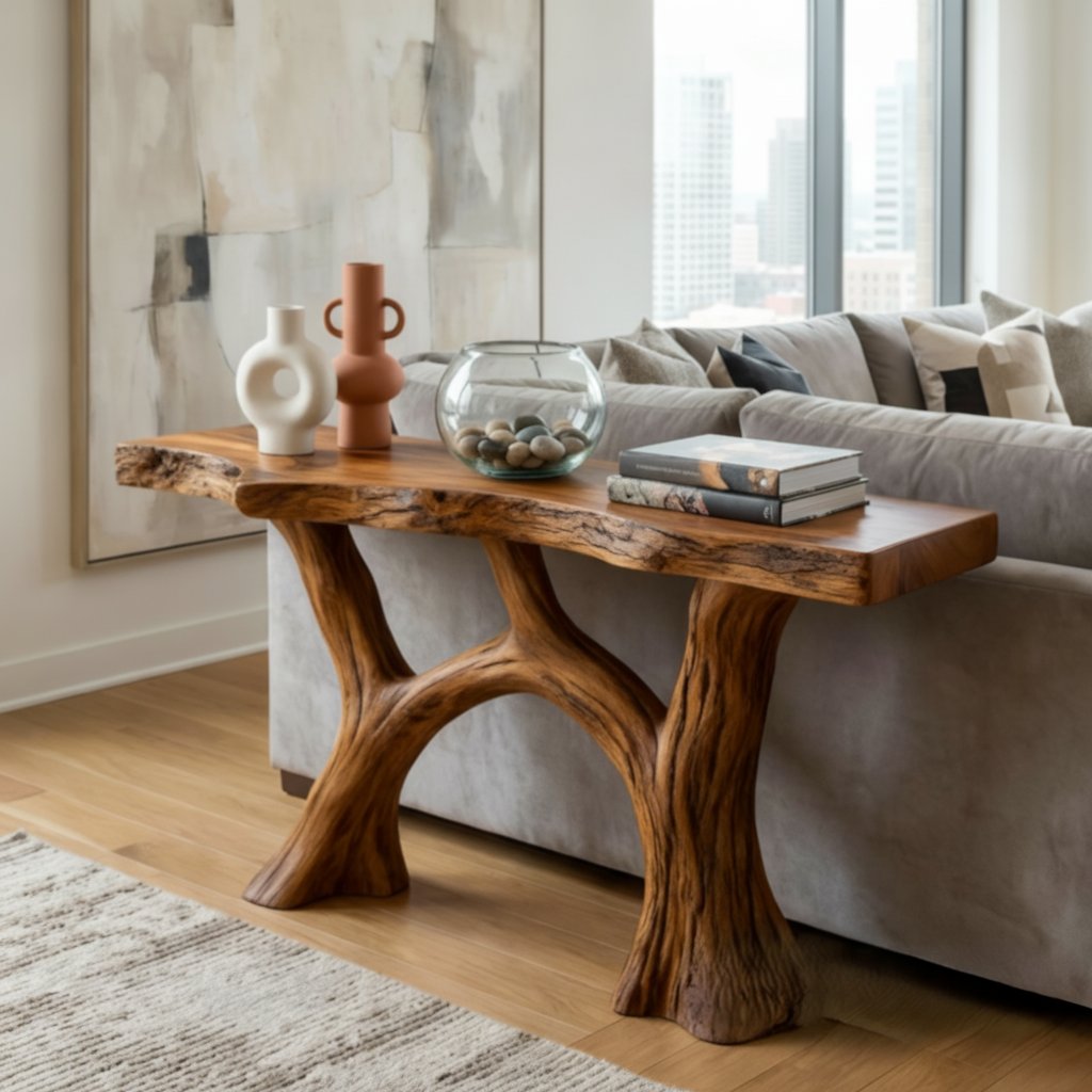 Solid Wood Live-Edge Console Table Forked Tree-Branch Legs Modern Living Room