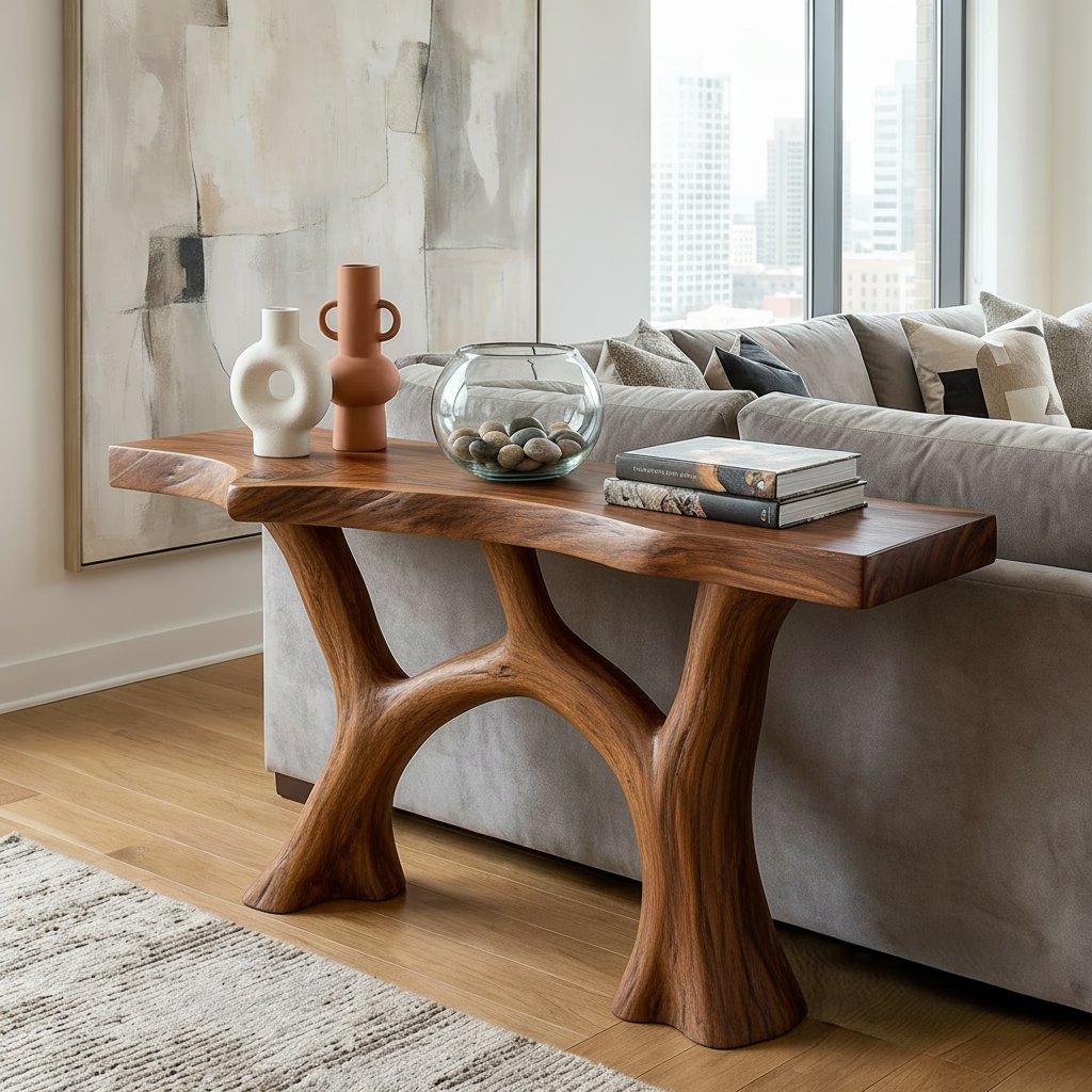 Solid Wood Live-Edge Console Table Forked Tree-Branch Legs Modern Living Room