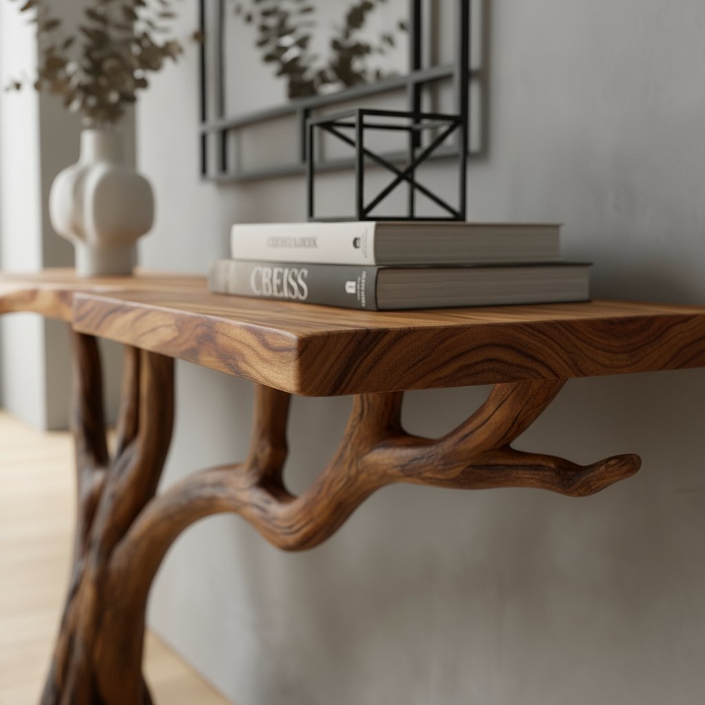 Solid Wood Live-Edge Console Table Curved Branch Cantilever Leg Minimalist Entryway
