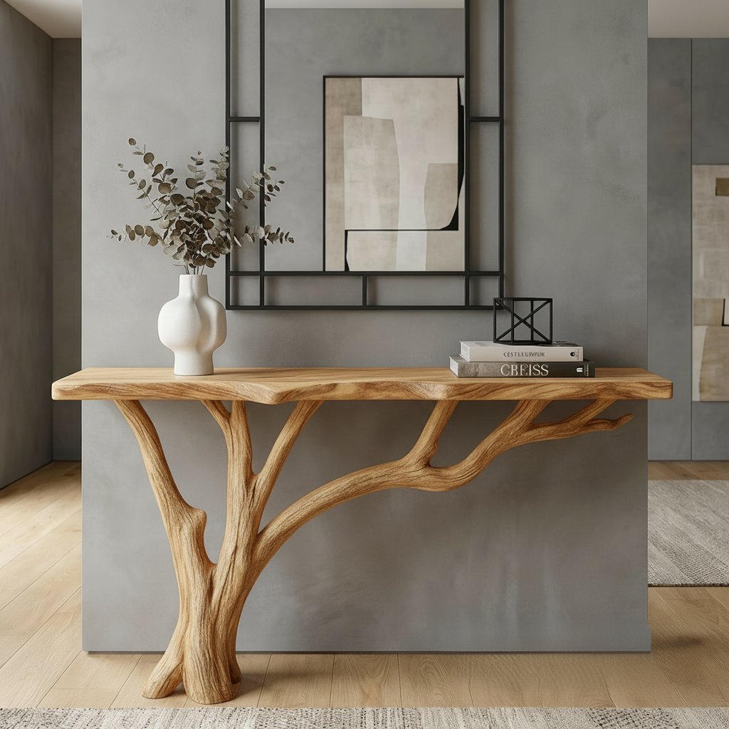 Solid Wood Live-Edge Console Table Curved Branch Cantilever Leg Minimalist Entryway