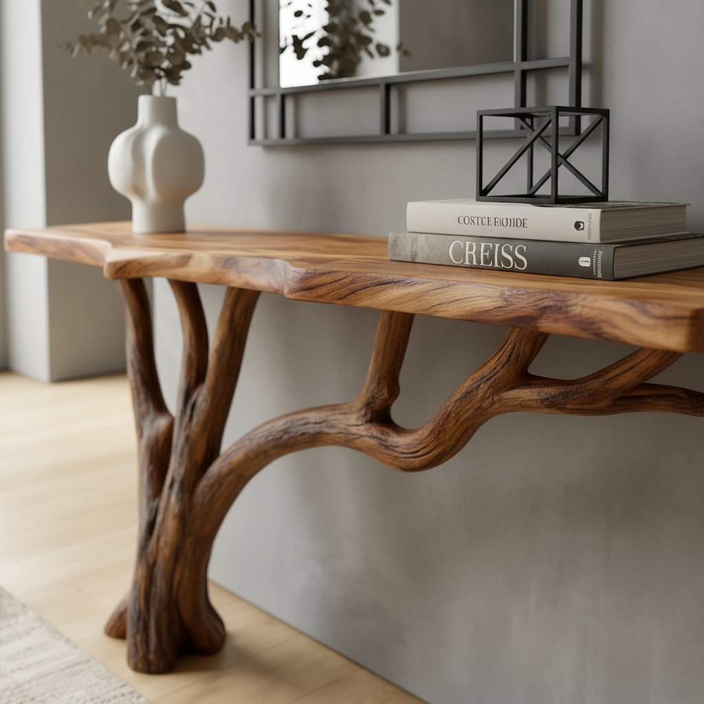 Solid Wood Live-Edge Console Table Curved Branch Cantilever Leg Minimalist Entryway