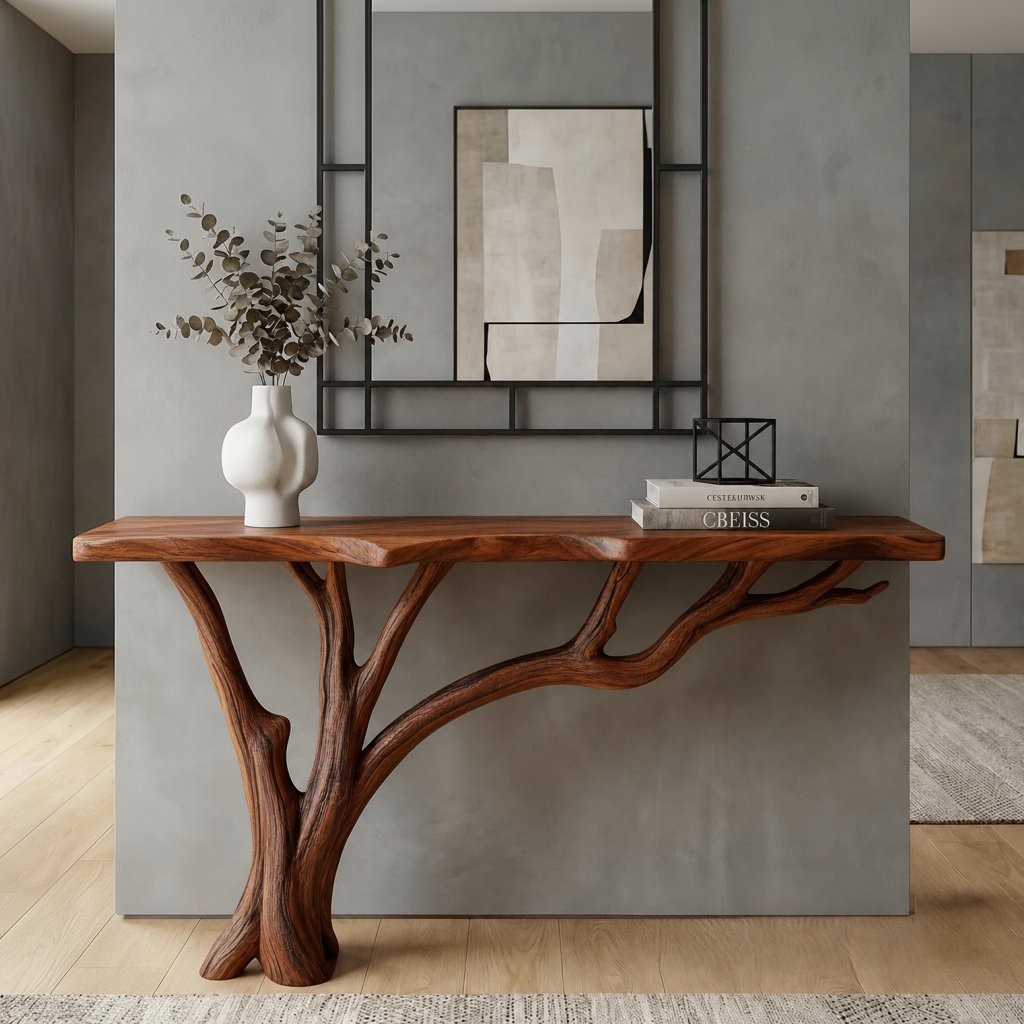 Solid Wood Live-Edge Console Table Curved Branch Cantilever Leg Minimalist Entryway