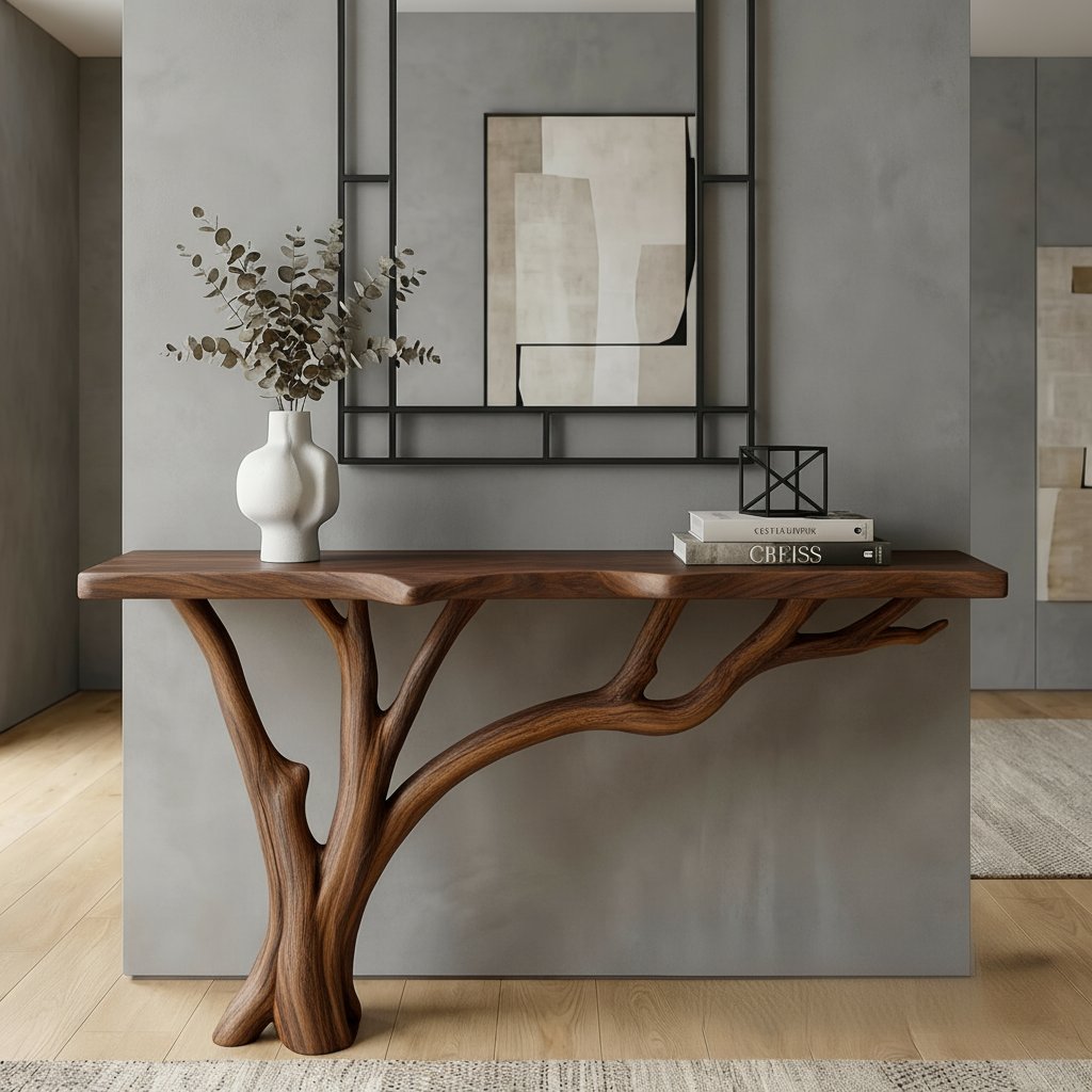 Solid Wood Live-Edge Console Table Curved Branch Cantilever Leg Minimalist Entryway