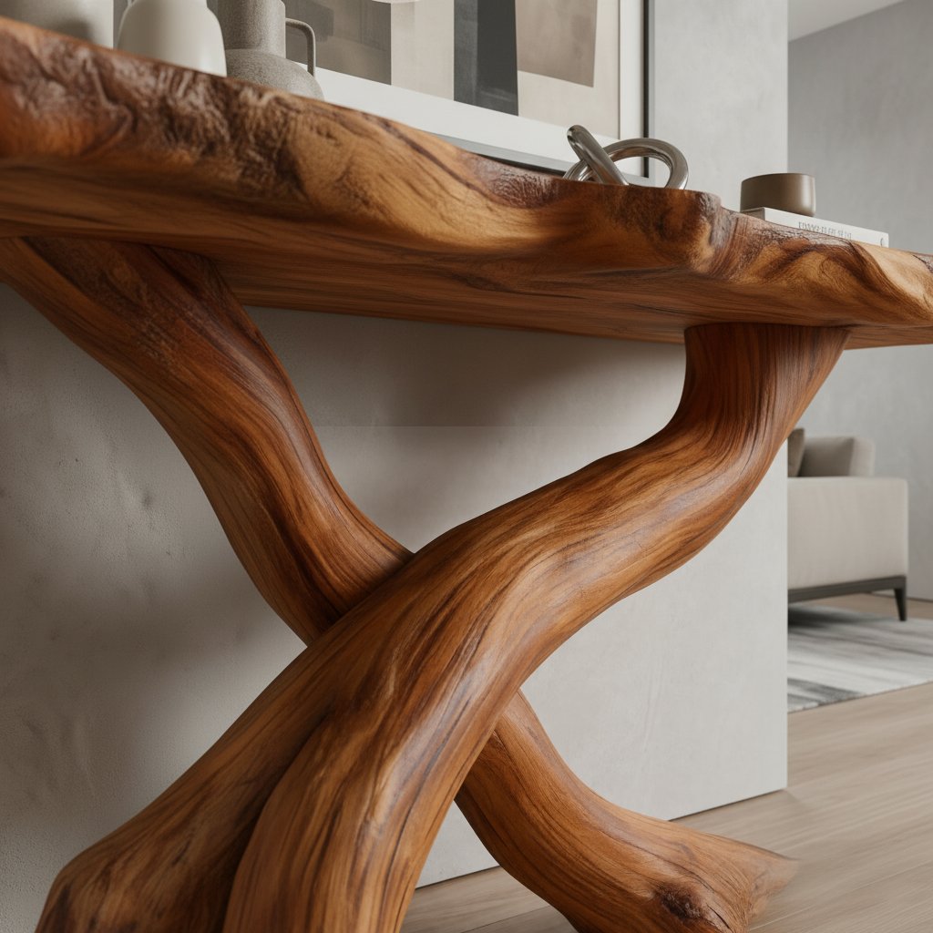 Solid Wood Live-Edge Console Table Crossed Branch Legs Organic Entryway Accent