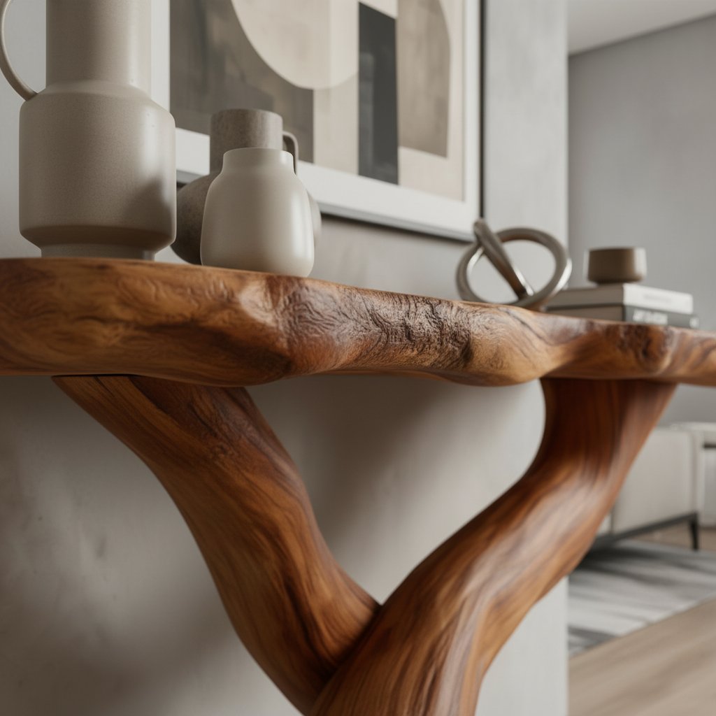 Solid Wood Live-Edge Console Table Crossed Branch Legs Organic Entryway Accent