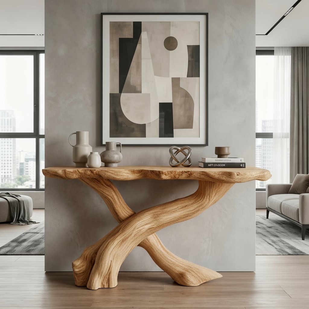 Solid Wood Live-Edge Console Table Crossed Branch Legs Organic Entryway Accent
